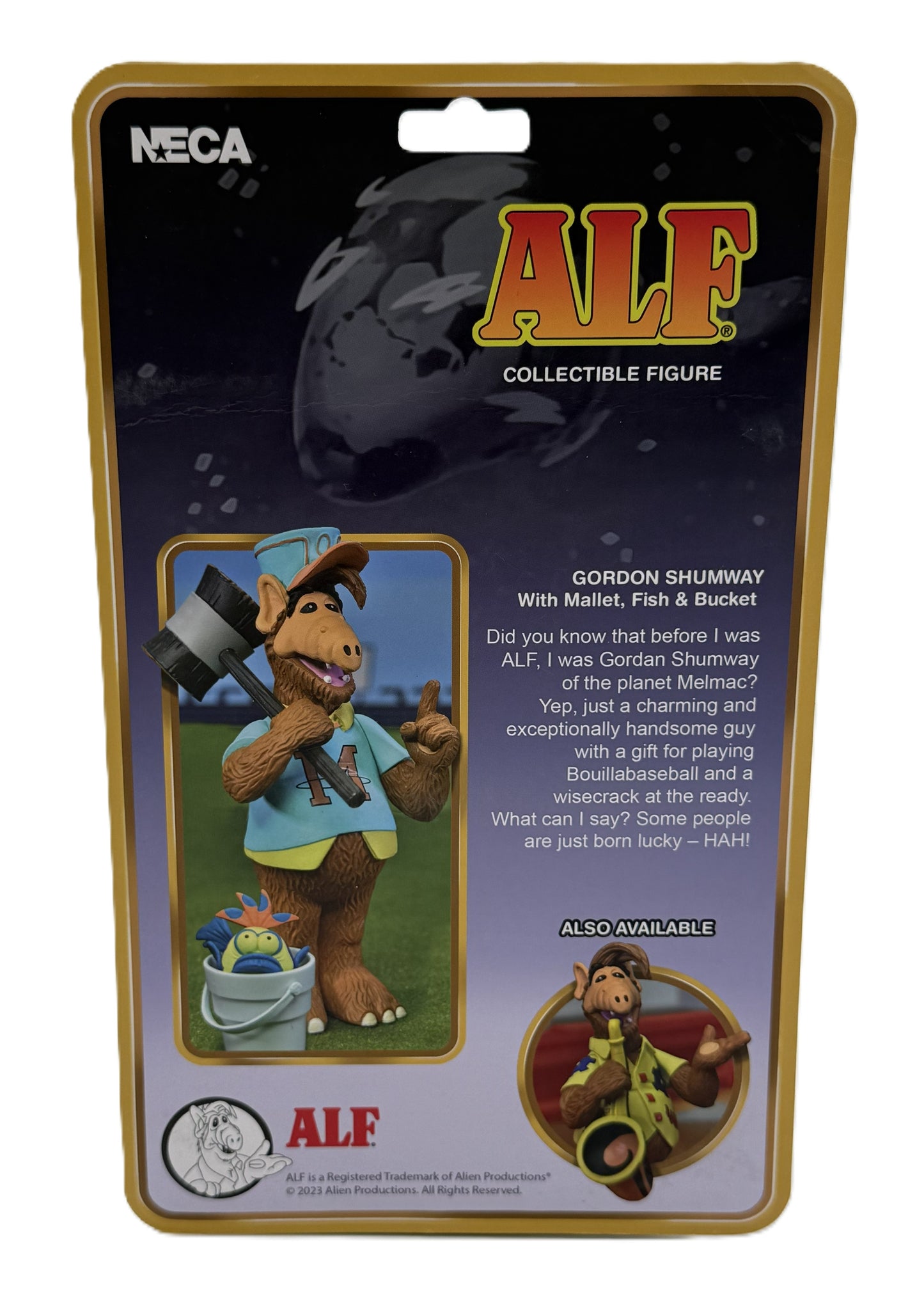 Back of the NECA ALF Gordon Shumway collectible action figure packaging featuring character artwork and product information.