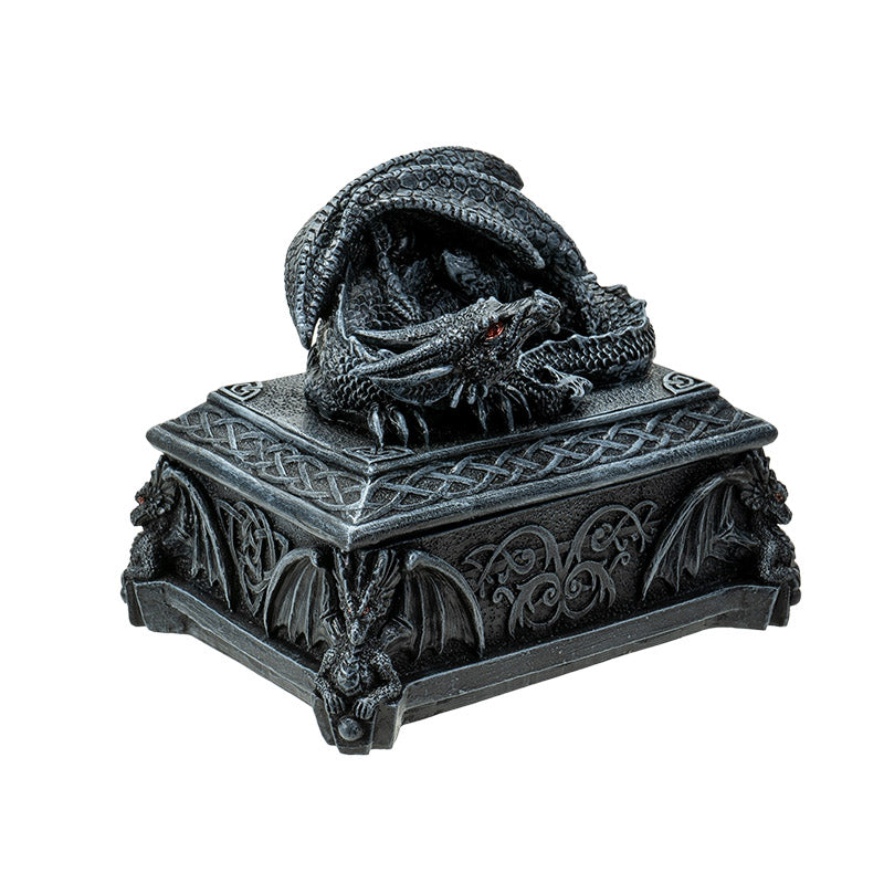 Angled view of gothic Celtic dragon box highlighting intricate carvings and sculpted dragons