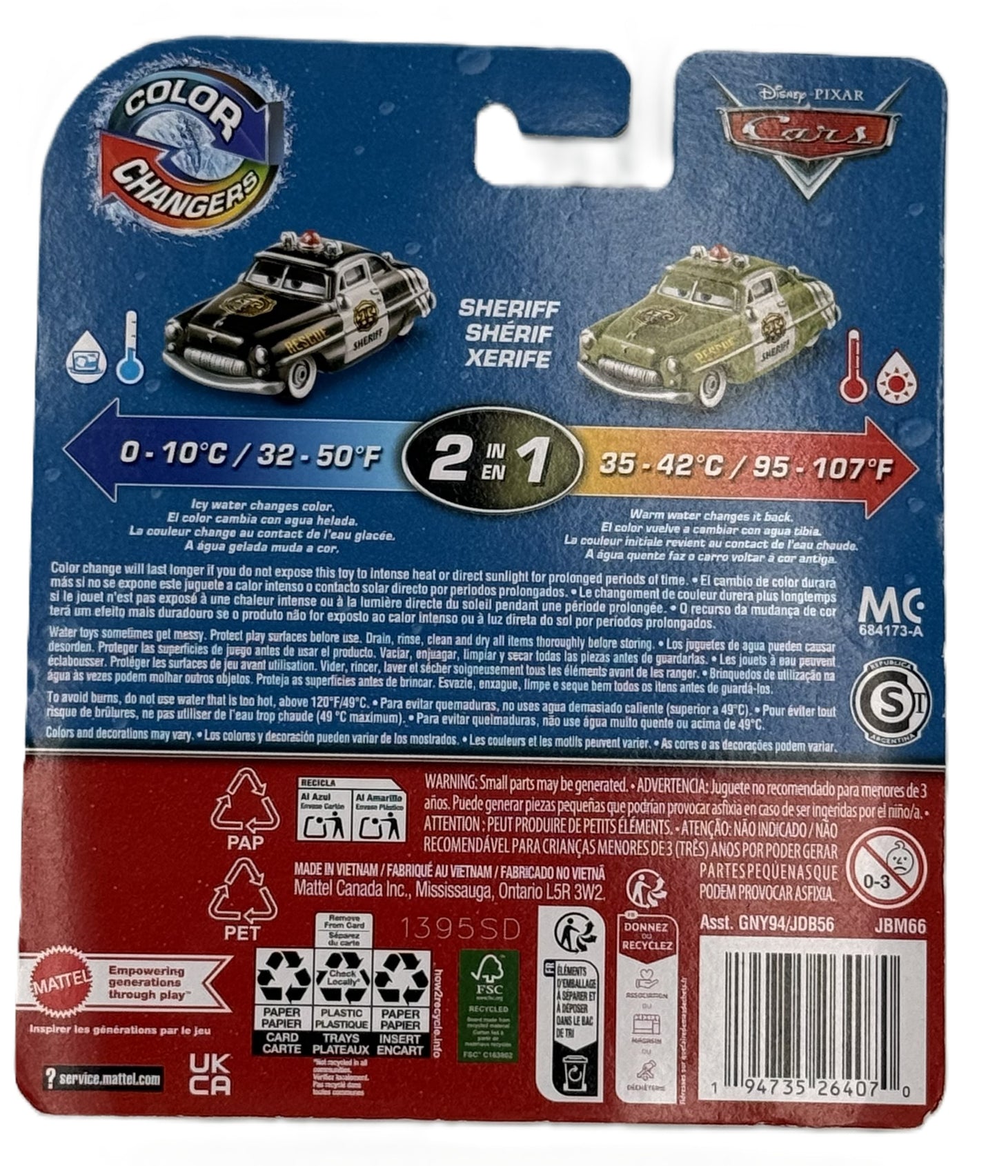 Disney Pixar Cars Sheriff Color Changers back showing color change feature instructions