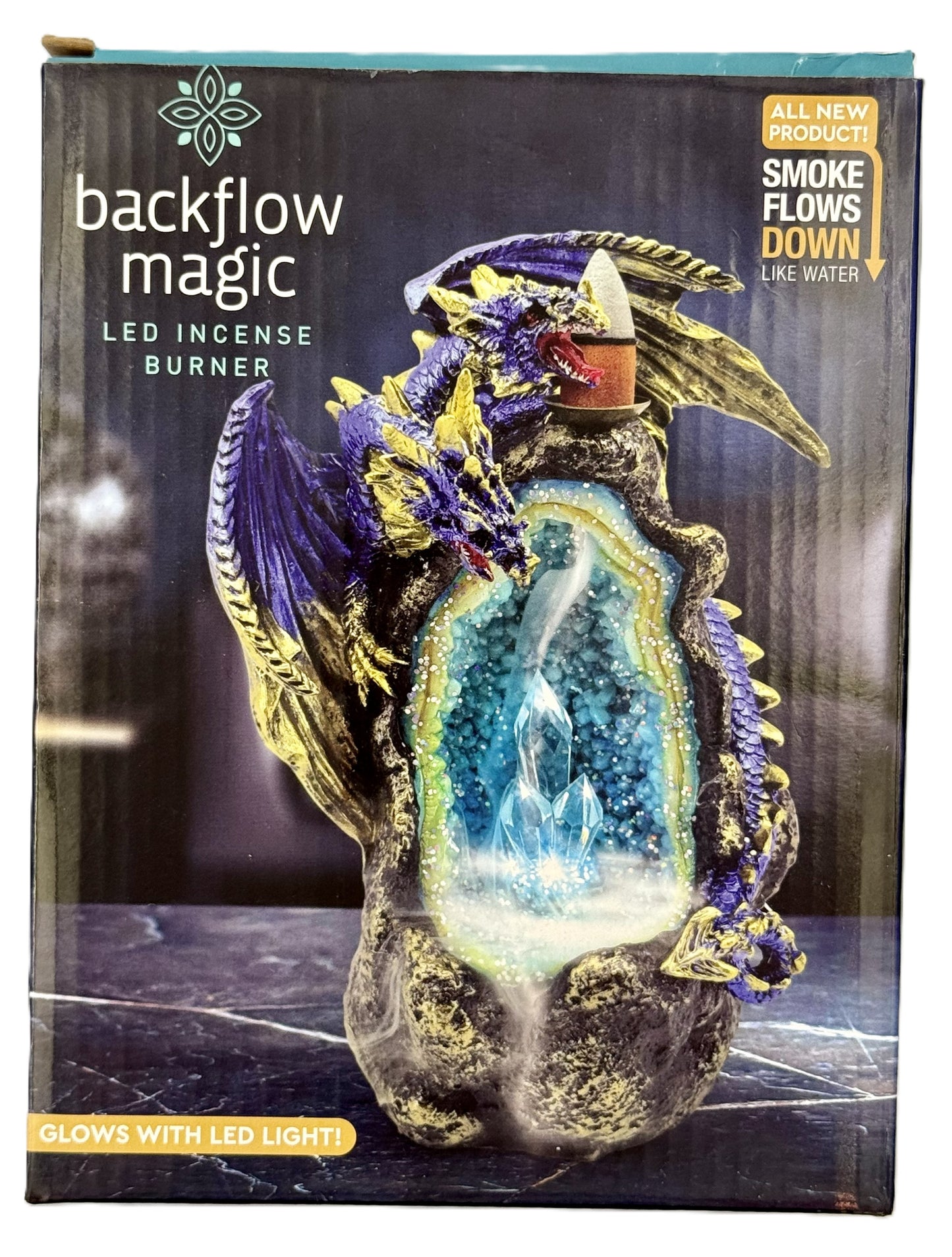 Backflow Magic LED Incense Burner packaging with dragon design
