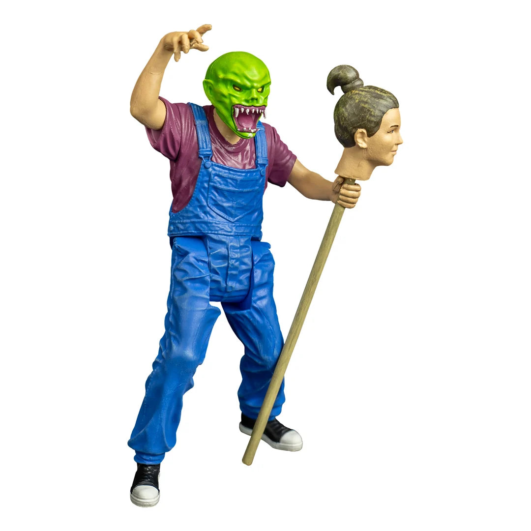 Side angle of Goosebumps The Haunted Mask 5-inch action figure by Trick or Treat Studios with included accessory.