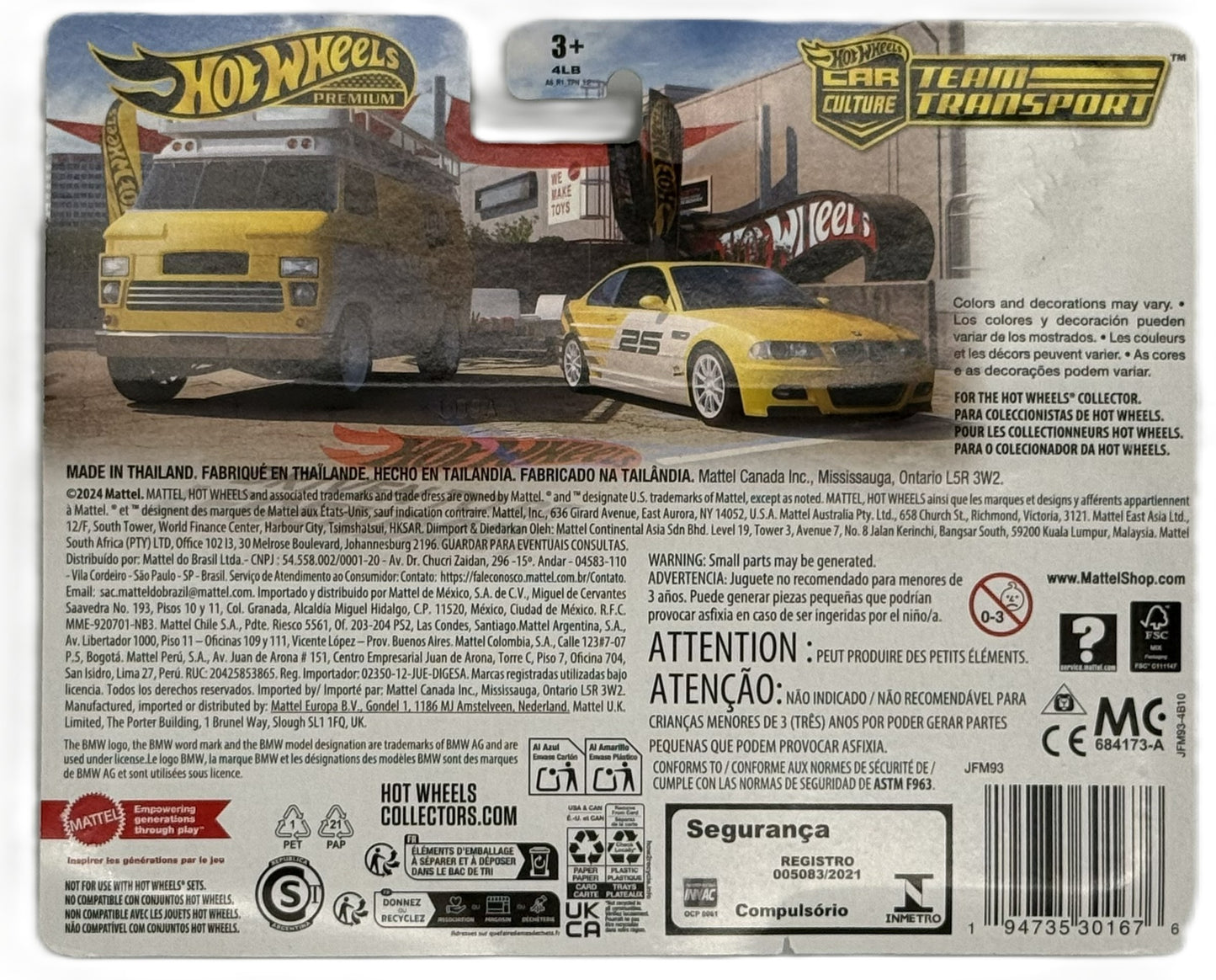 Hot Wheels Premium BMW M3 Rally Hauler back showing product details and branding