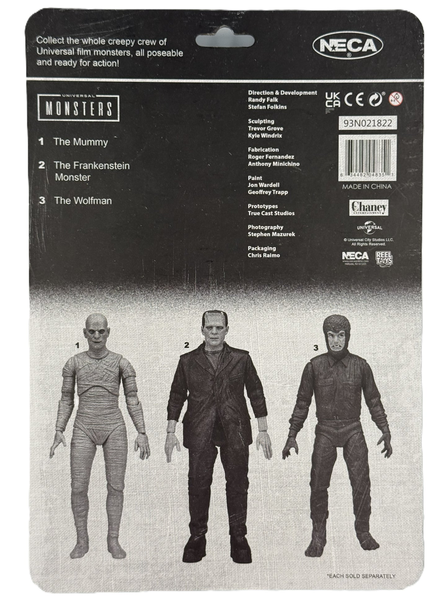 NECA The Wolfman figure back showing Universal Monsters lineup including Mummy and Frankenstein
