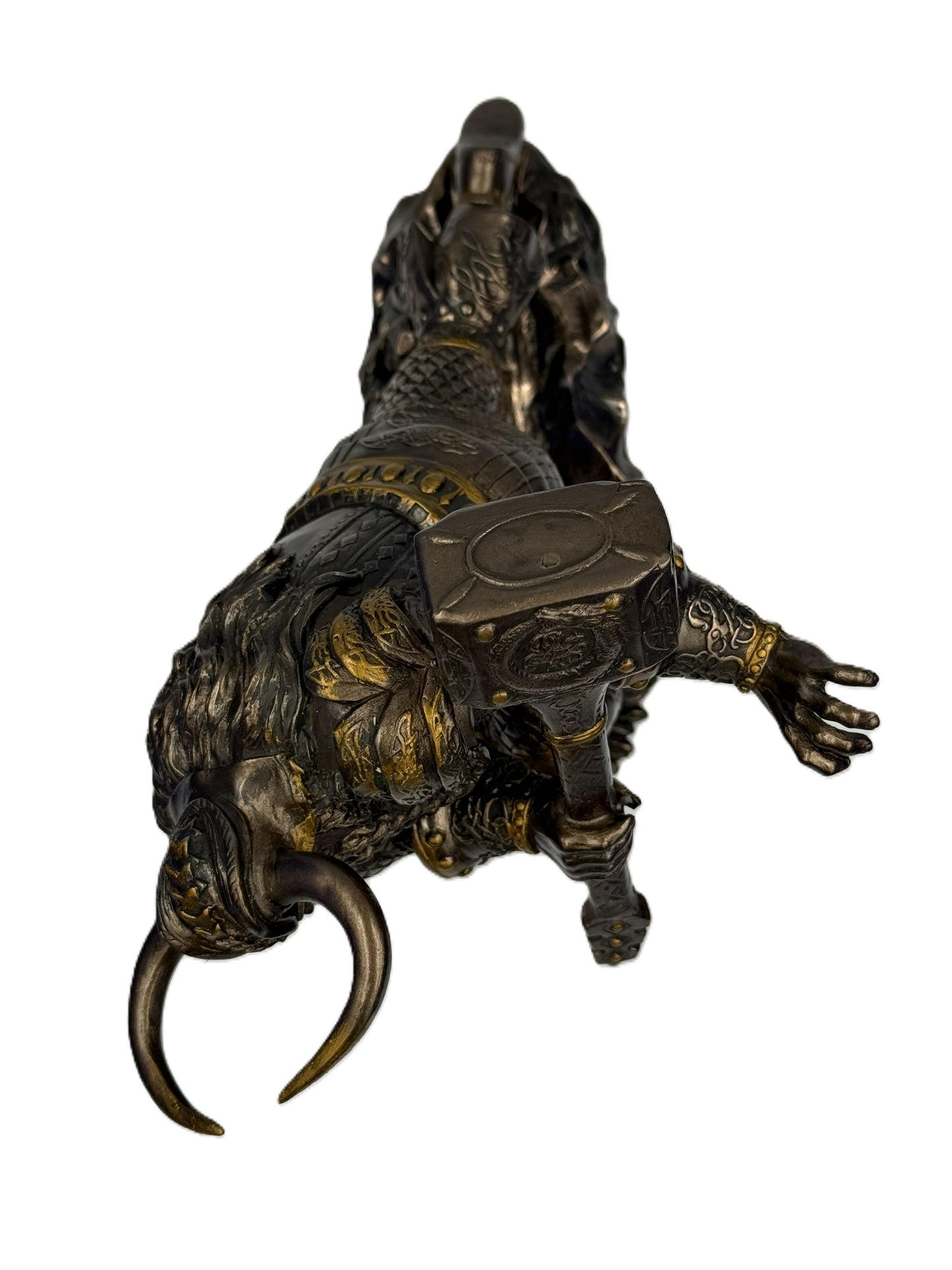 Top view of Norse warrior statue showing hammer grip and armor detailing
