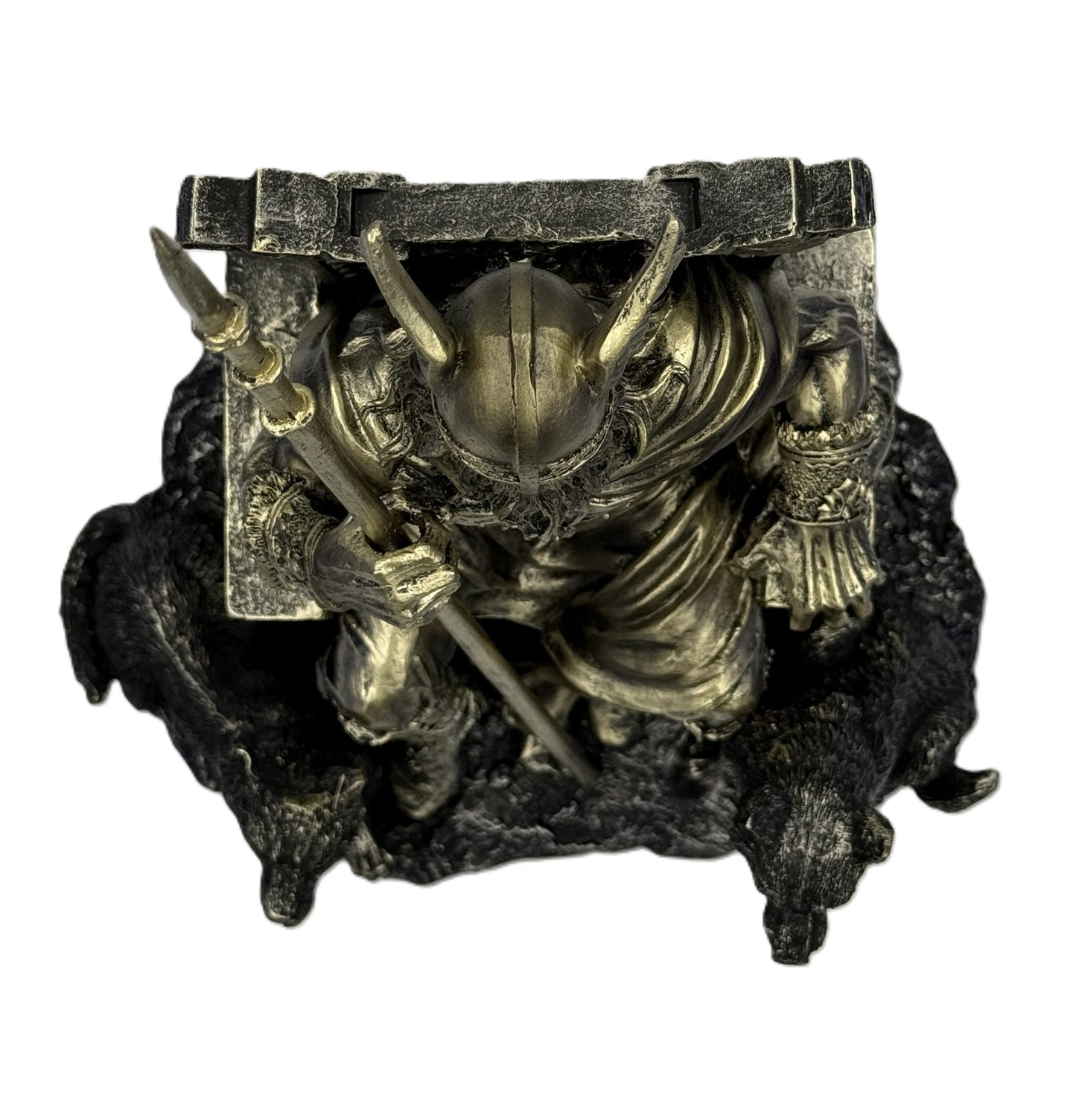 Top view of Odin statue showing helmet, spear positioning, and full composition of wolves and throne
