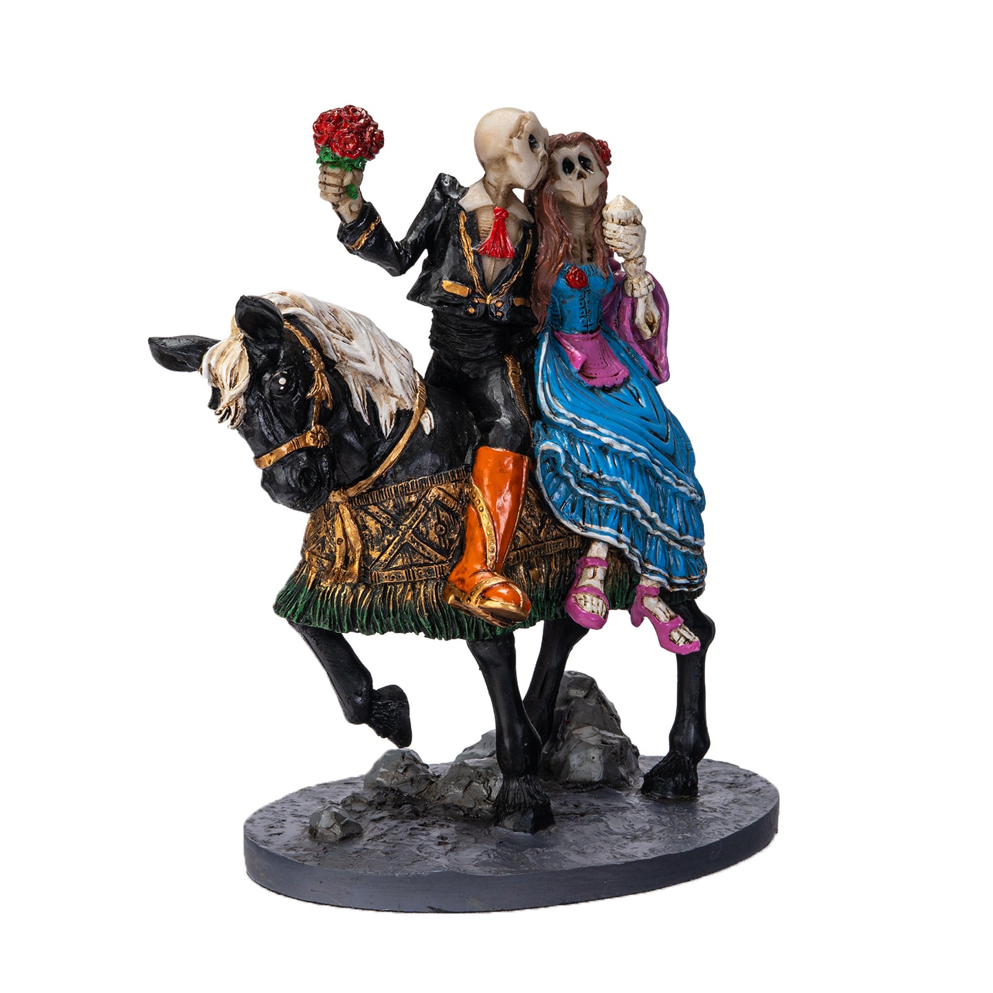 Right angle view of skeleton bride and groom figurine with detailed horse