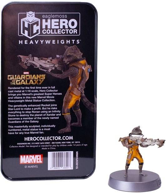 back of Rocket heavyweights collector tin showing product details and Marvel branding