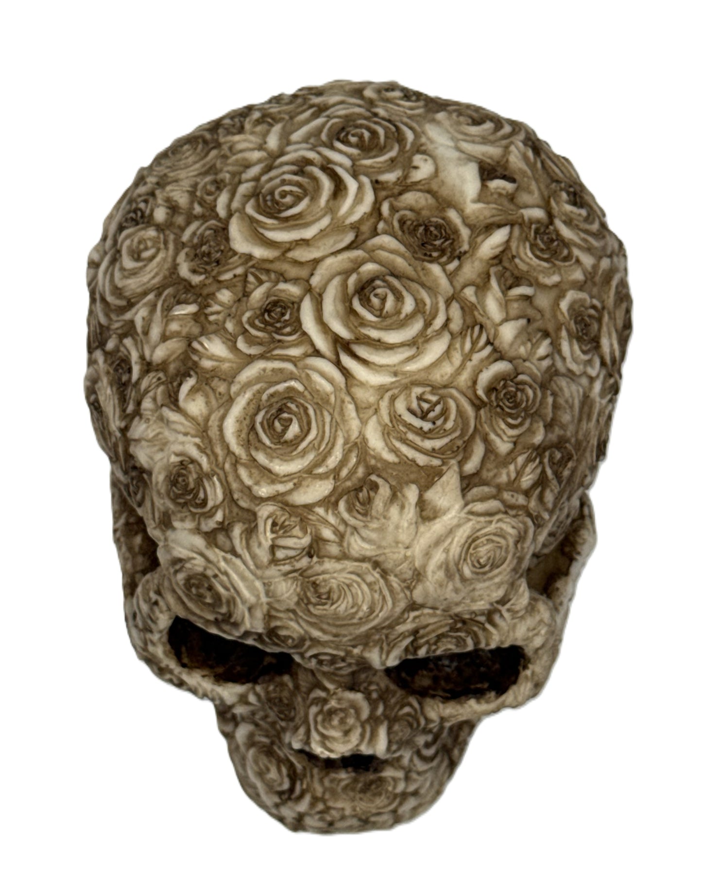 Top view of rose skull decor showing full coverage of sculpted roses and textured surface