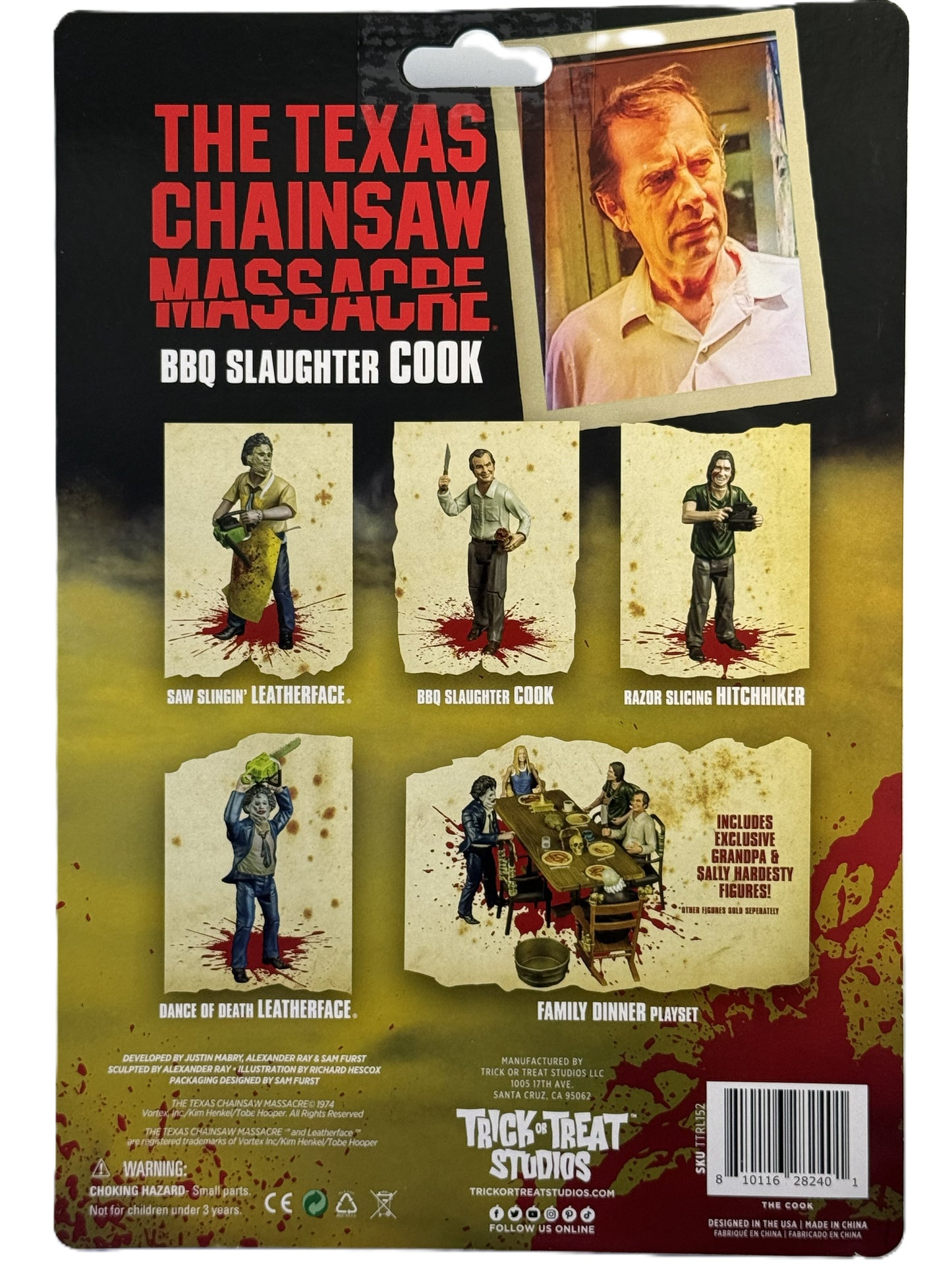 Texas Chainsaw Massacre Cook figure packaging back showing collection lineup and accessories