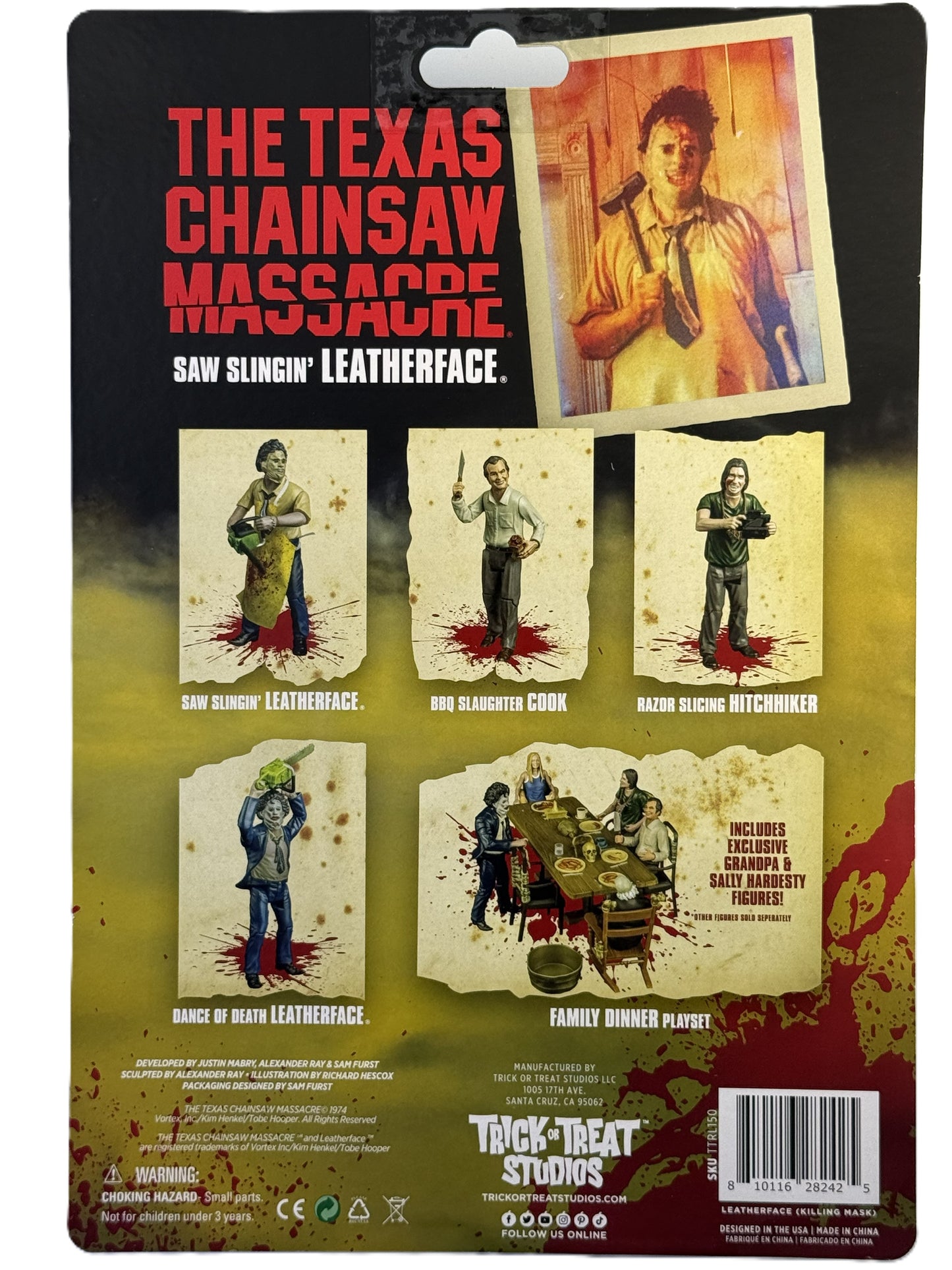 Texas Chainsaw Massacre Leatherface figure packaging back showing collection lineup and accessories