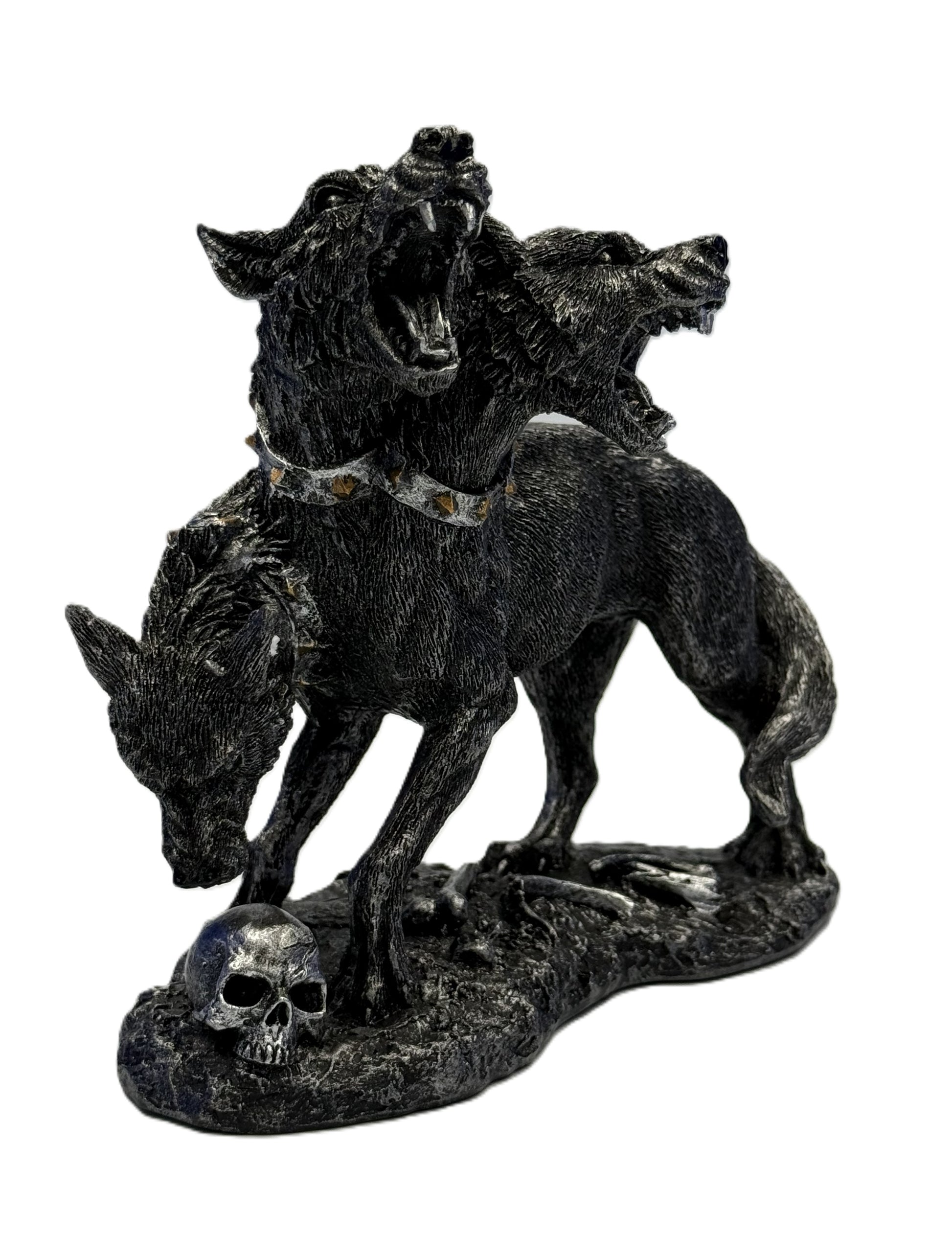 Front view of Cerberus three headed dog statue with snarling heads skull base and gothic cold cast resin detailing

