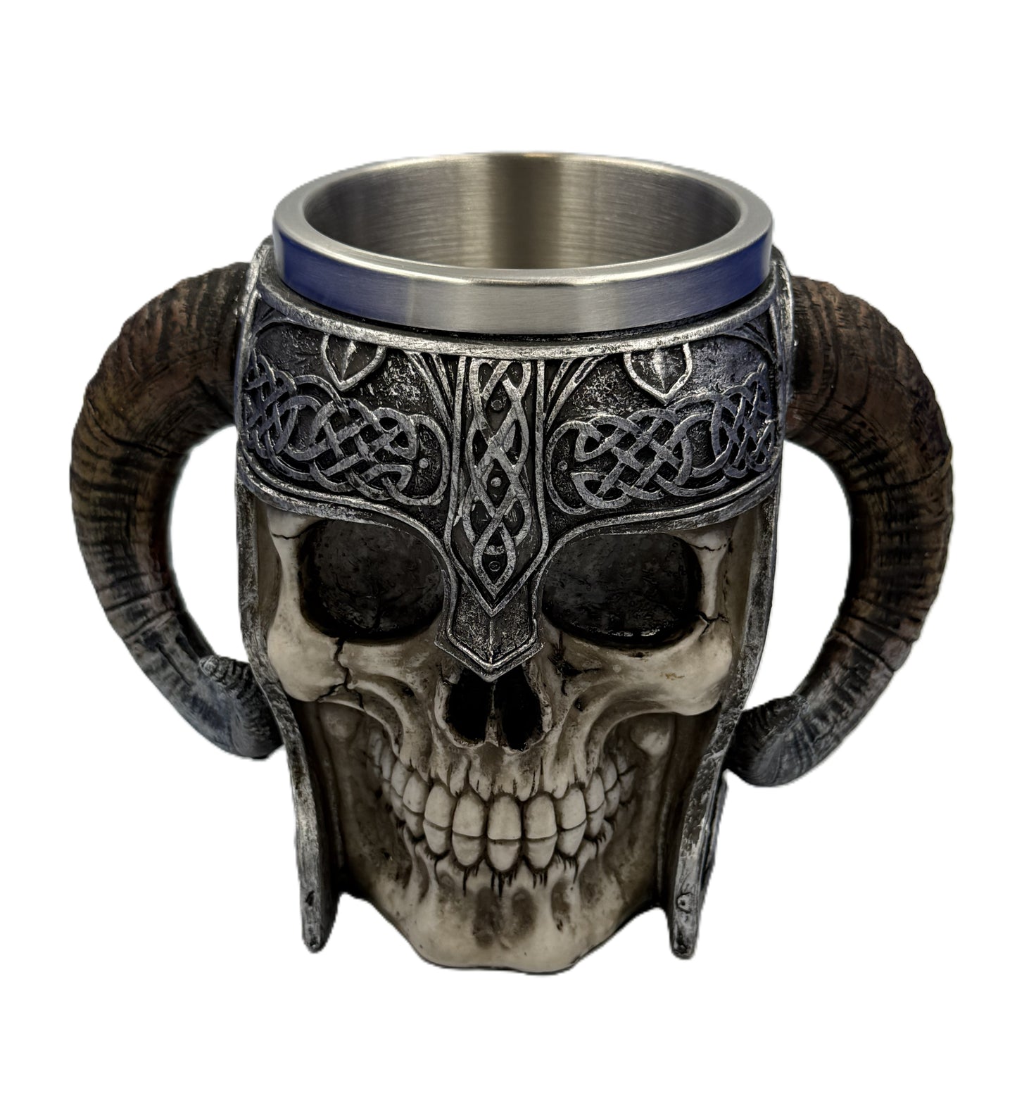Front view of Viking skull helmet mug with horned handles and detailed Norse knotwork design with stainless steel insert

