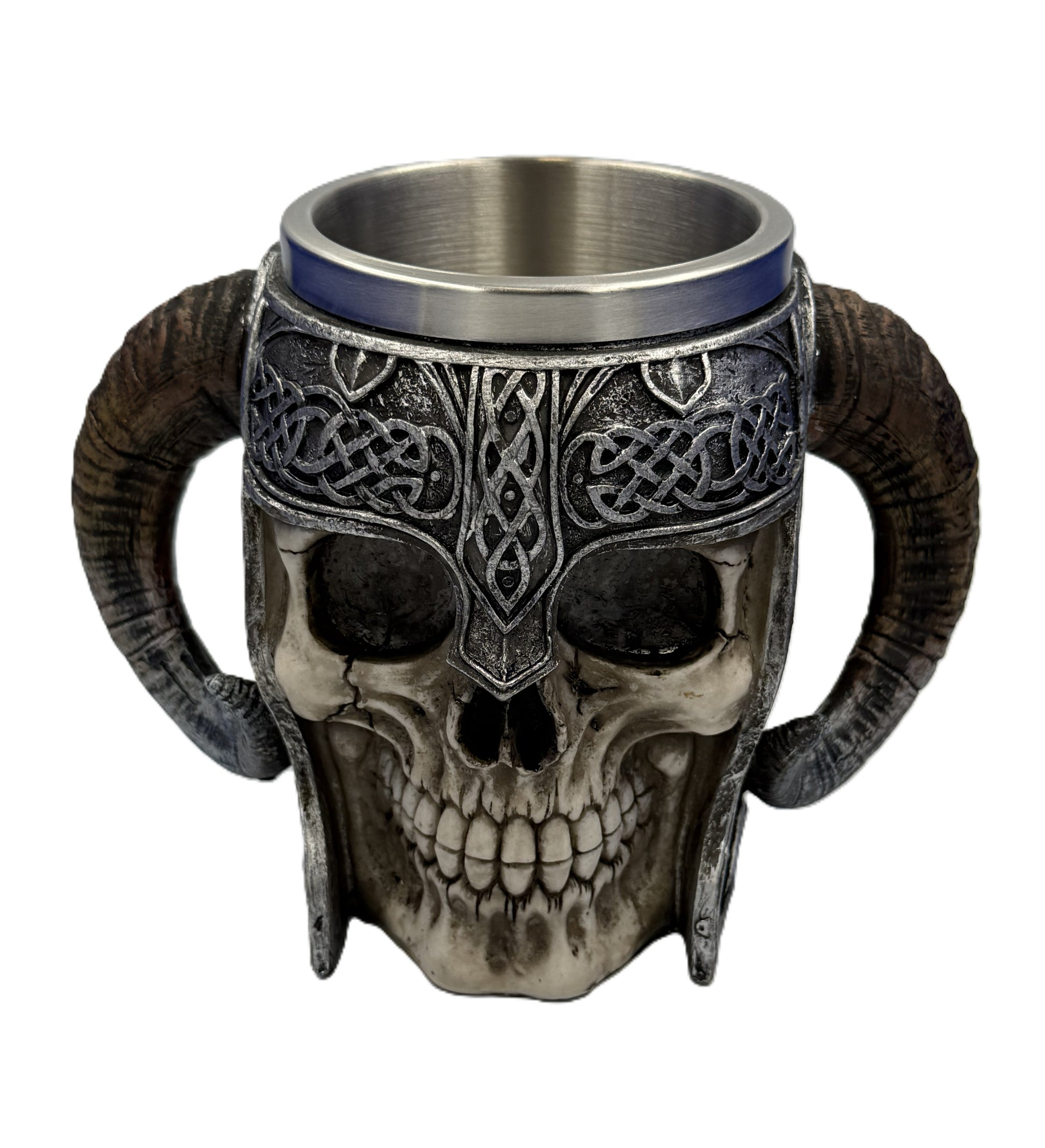 Front view of Viking skull helmet mug with horned handles and detailed Norse knotwork design with stainless steel insert
