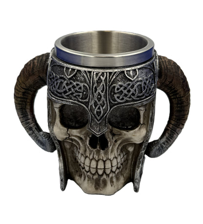 Front view of Viking skull helmet mug with horned handles and detailed Norse knotwork design with stainless steel insert
