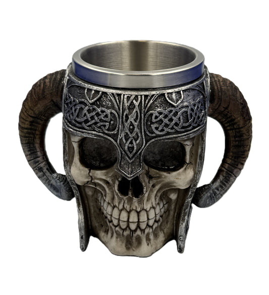Front view of Viking skull helmet mug with horned handles and detailed Norse knotwork design with stainless steel insert
