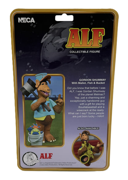 Back of the NECA ALF Gordon Shumway collectible action figure packaging featuring character artwork and product information.