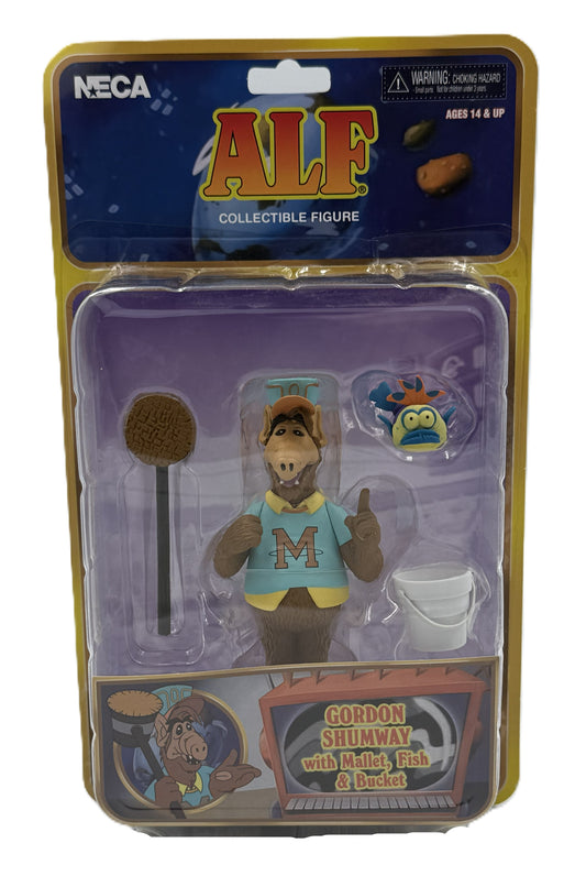 Front view of the NECA ALF Gordon Shumway collectible action figure in retro blister card packaging with mallet, fish, and bucket accessories.