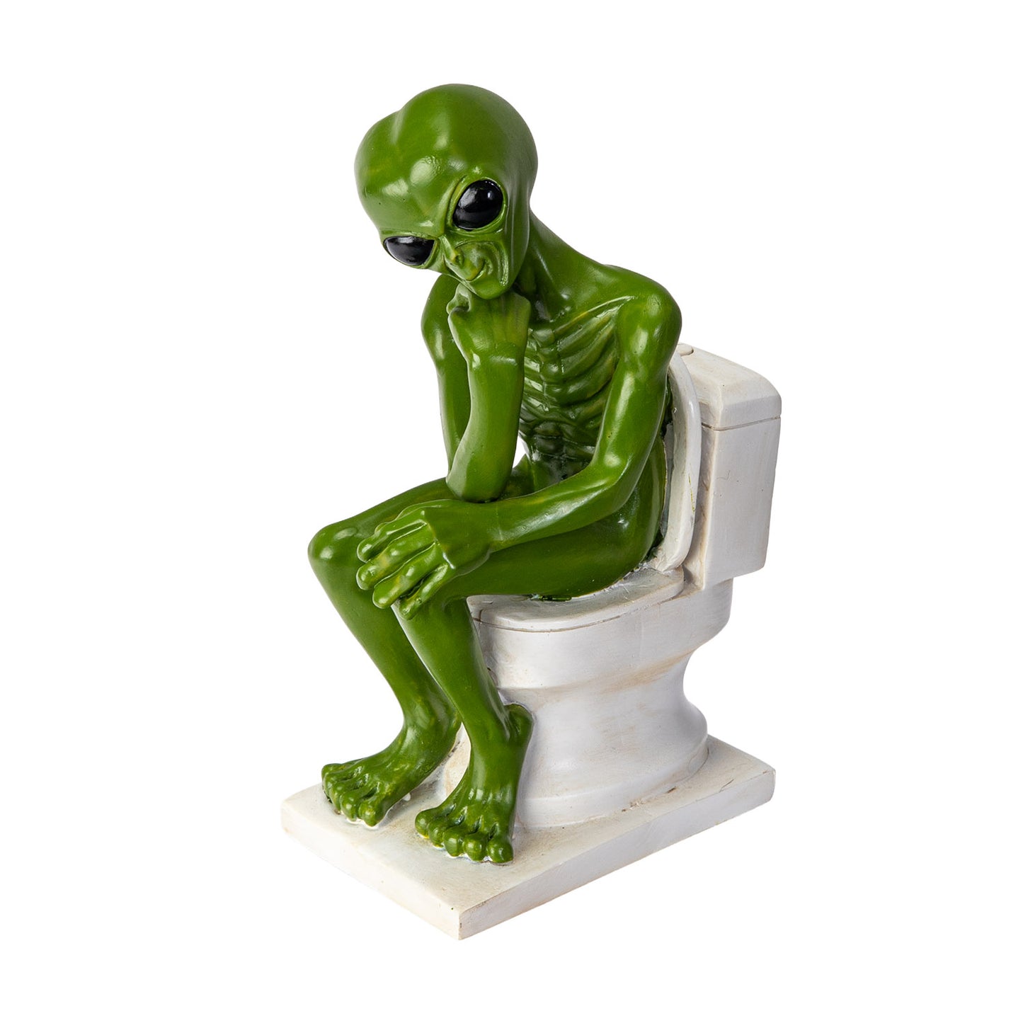 Angled front view of alien with large eyes and thoughtful pose

