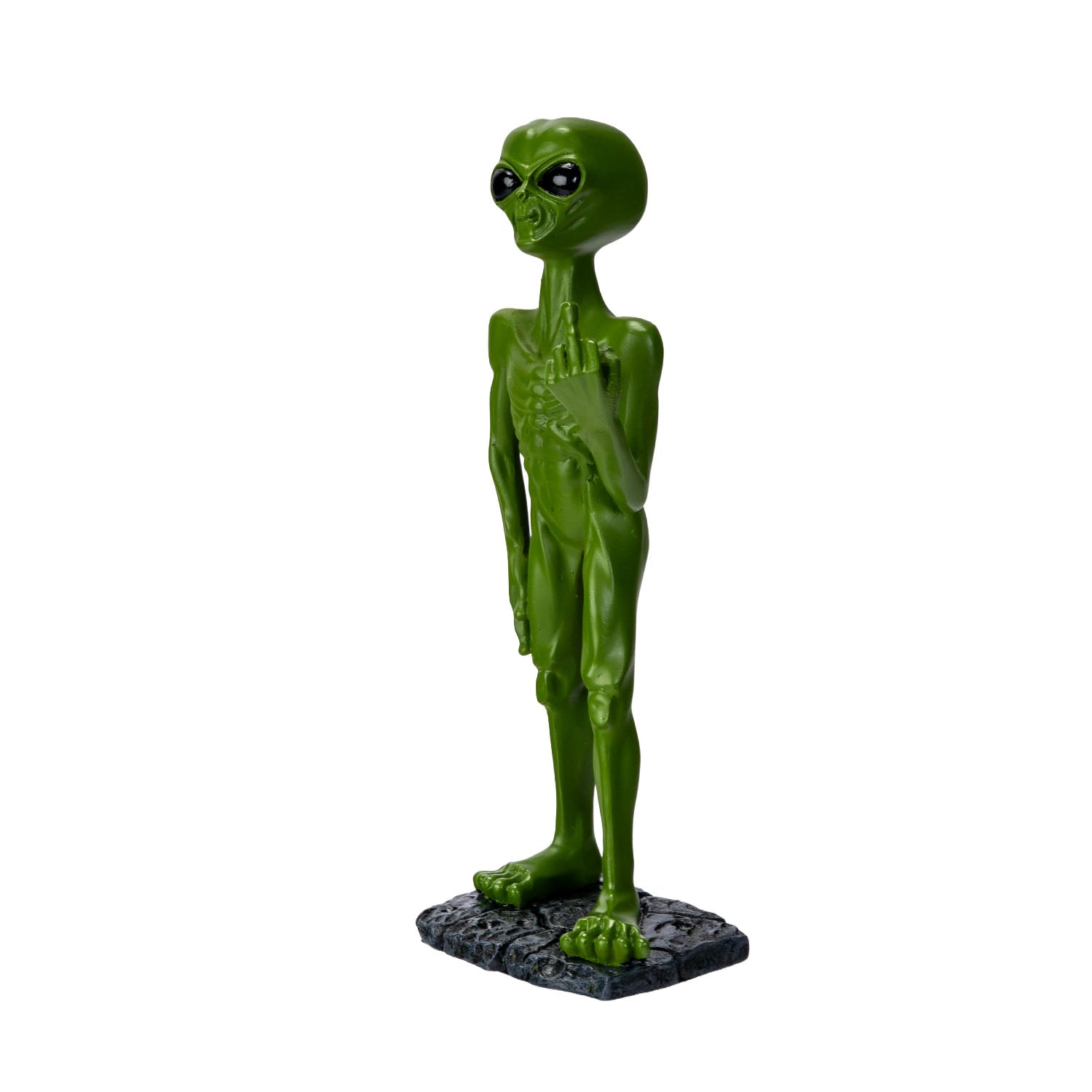 Angled view of alien figurine with detailed body and pose
