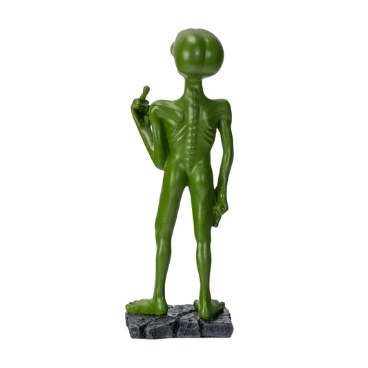 Back view of alien statue showing body structure and base
