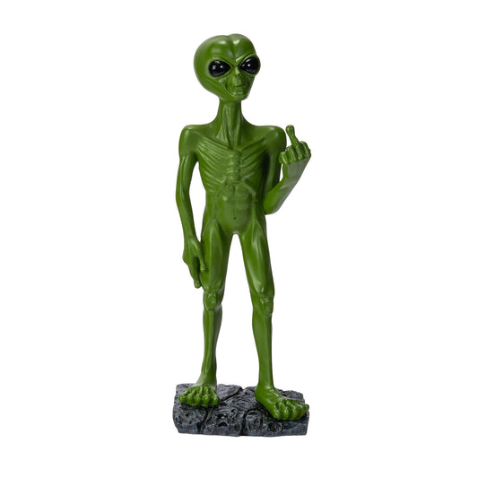 Front view of green alien figurine showing middle finger gesture
