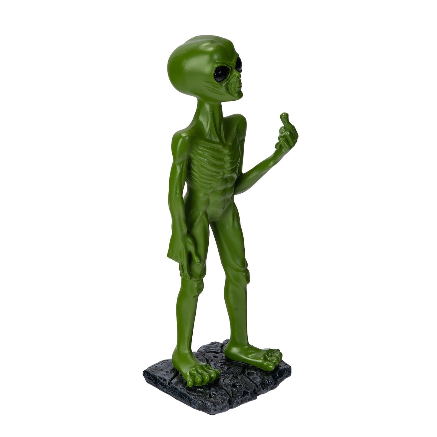 Side view of alien statue showing raised middle finger
