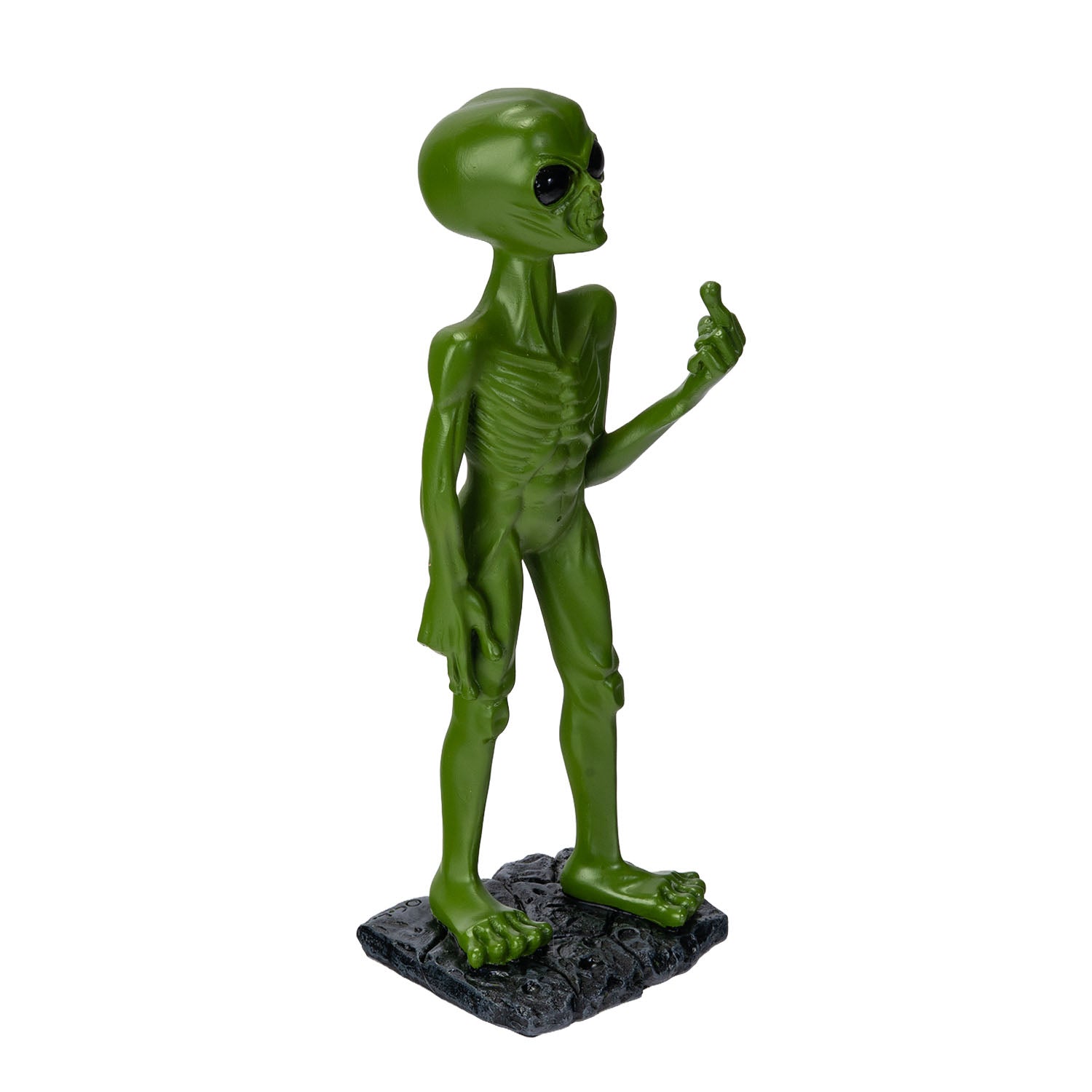Side view of alien statue showing raised middle finger

