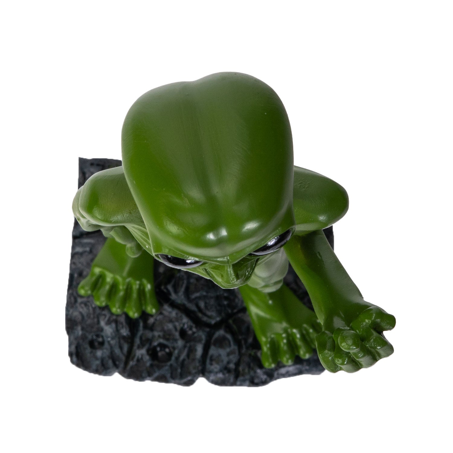 Top angle view of alien figurine highlighting head and base
