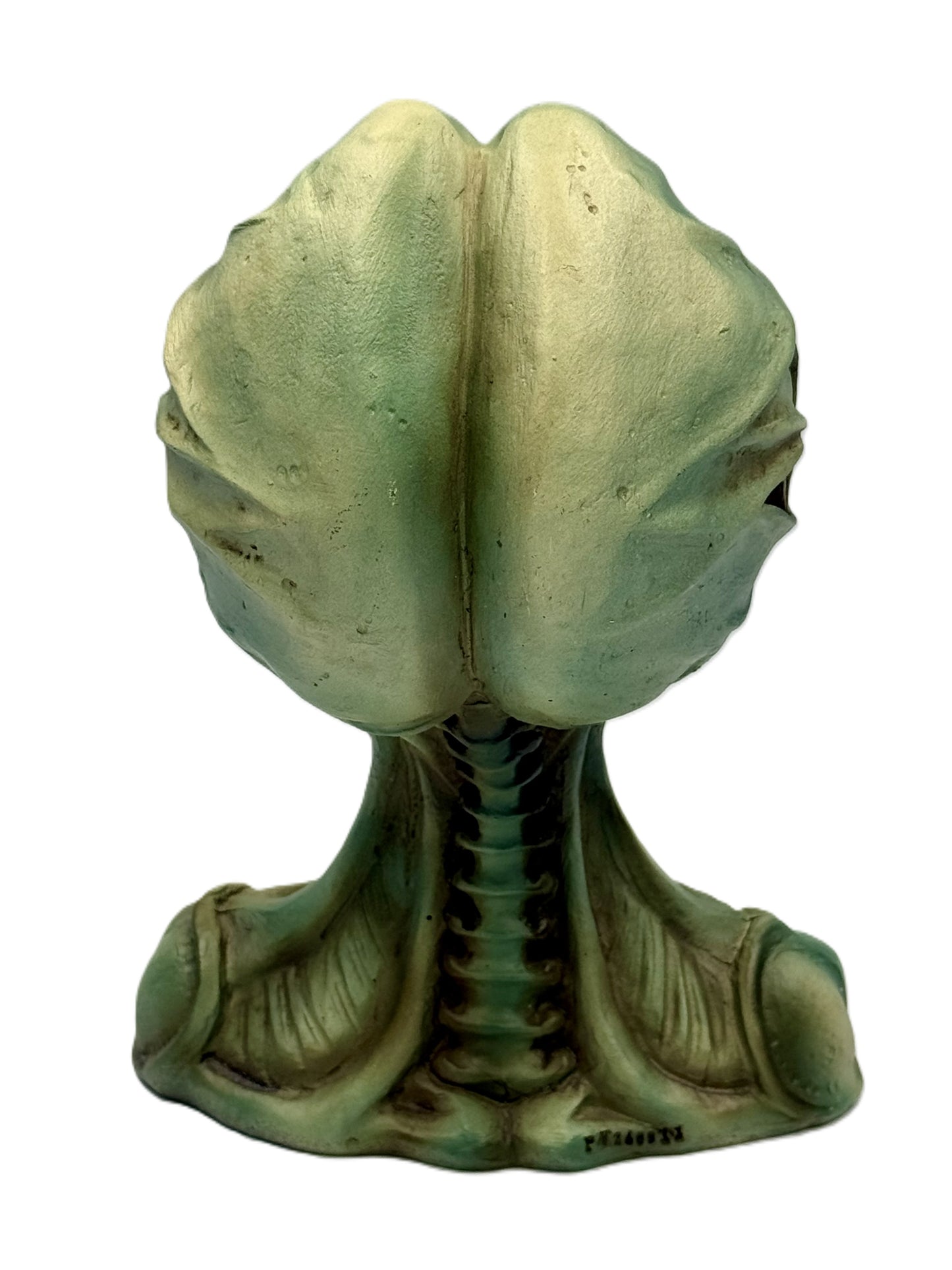 Back view of alien head statue showing smooth sculpted design and neck details
