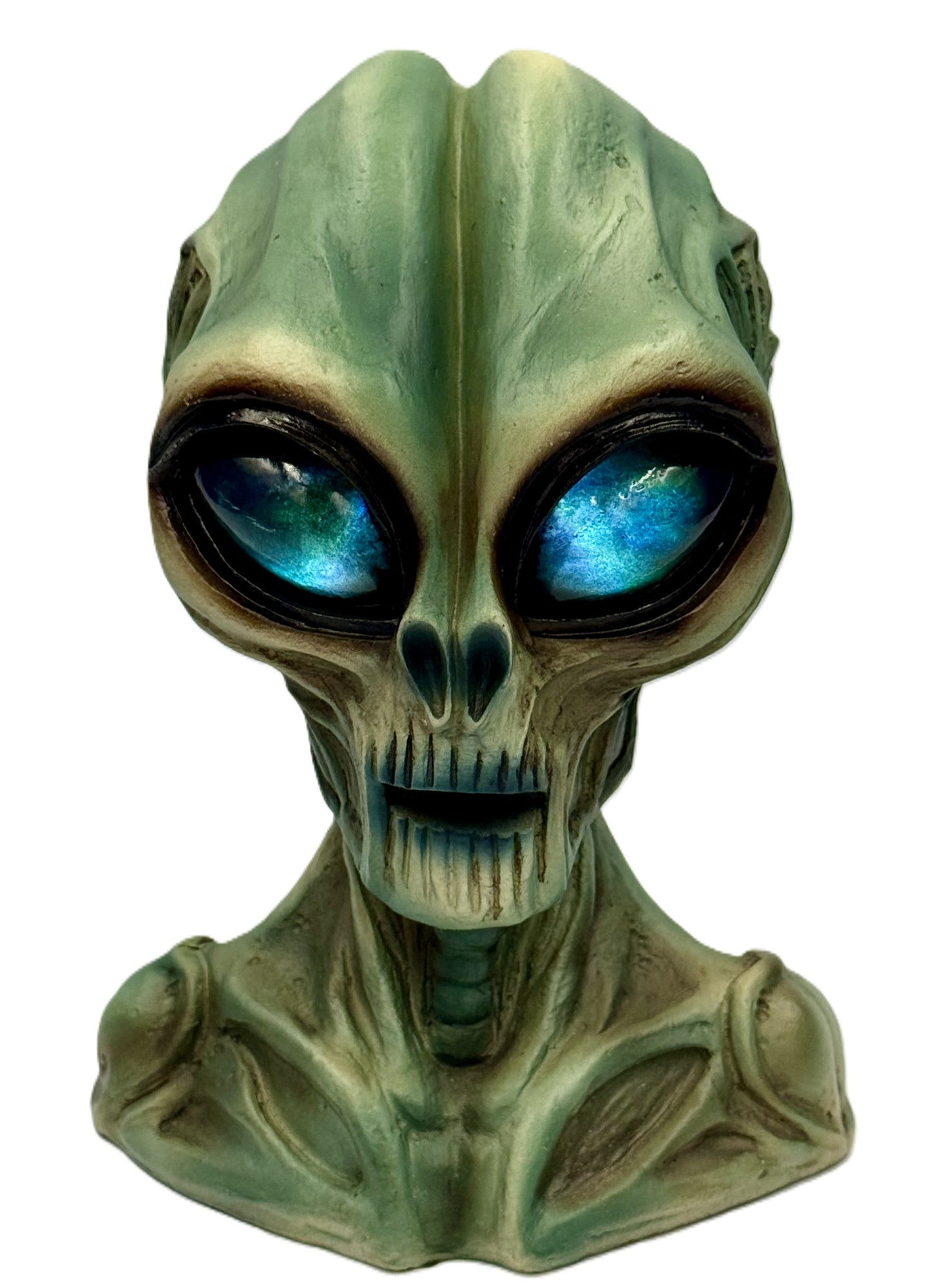 Alien statue with glowing light blue LED eyes creating a futuristic effect
