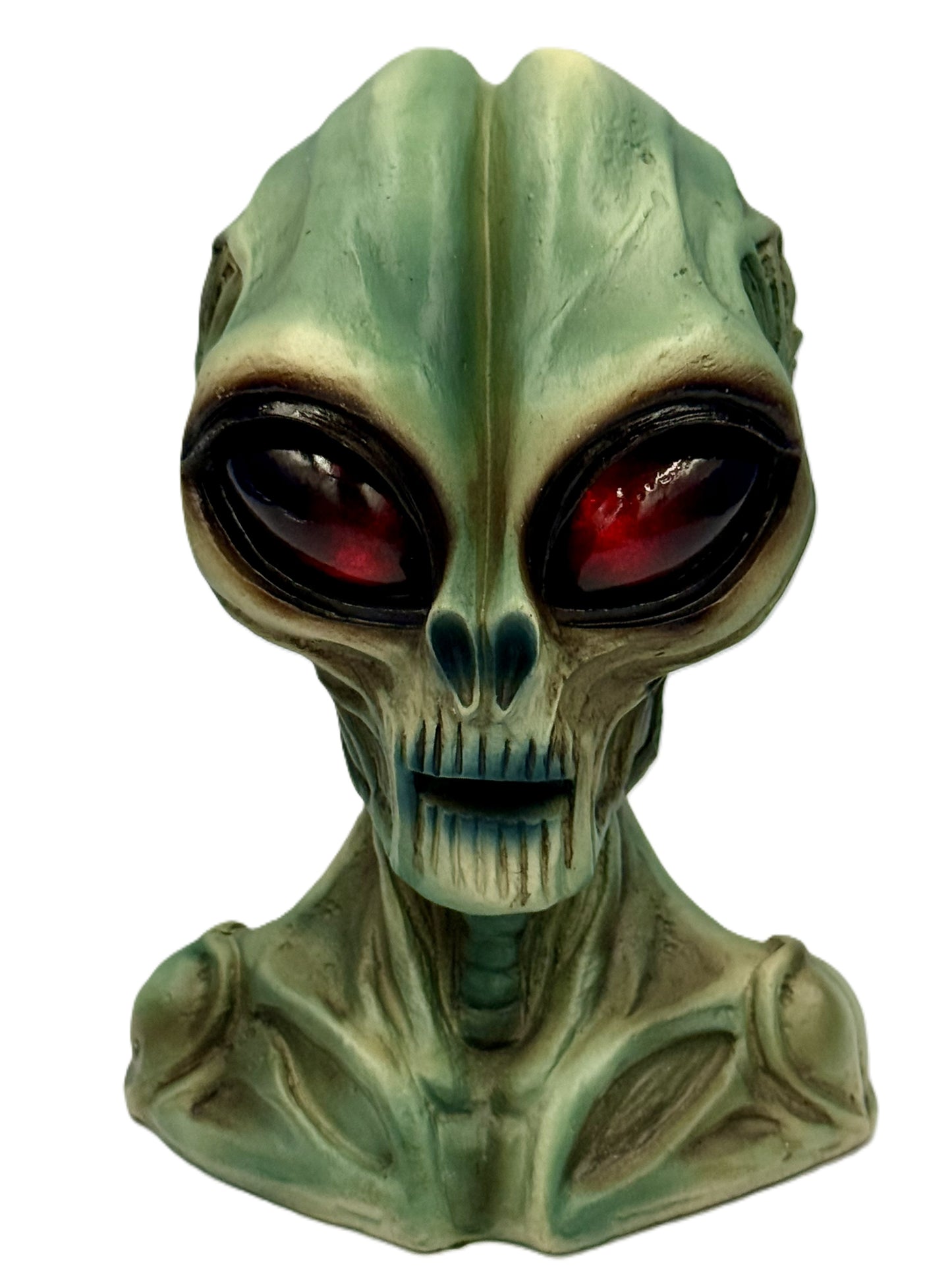 Red LED eyes glowing for dramatic extraterrestrial display effect

