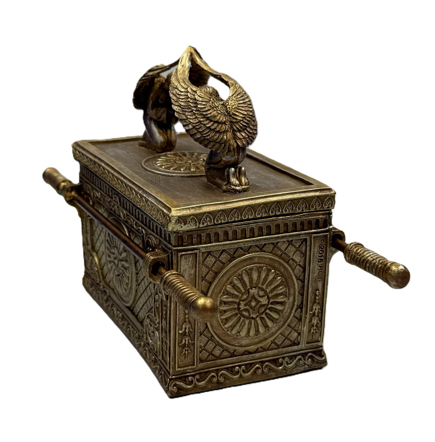 Angled view of Ark of the Covenant collectible box highlighting sculpted cherubs and decorative panels
