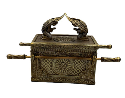 Front view of Ark of the Covenant trinket box with ornate detailing and gold finish cherubim figures
