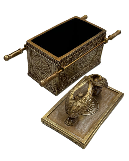 Open view of Ark of the Covenant trinket box revealing interior storage space and removable lid
