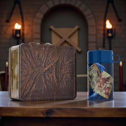 Army of Darkness lunch box and beverage container displayed on table in themed setting
