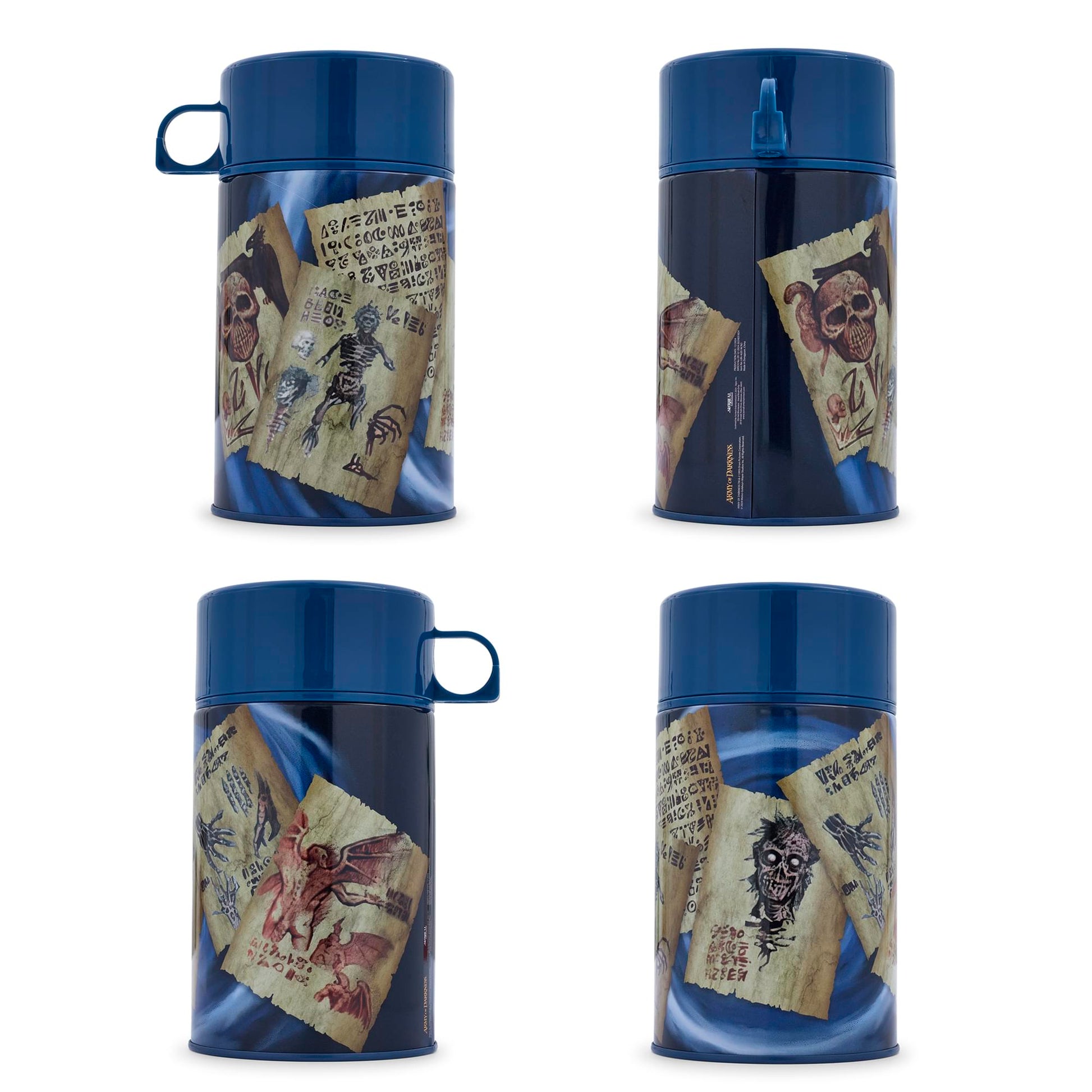 multiple angles of Army of Darkness beverage container with Necronomicon artwork
