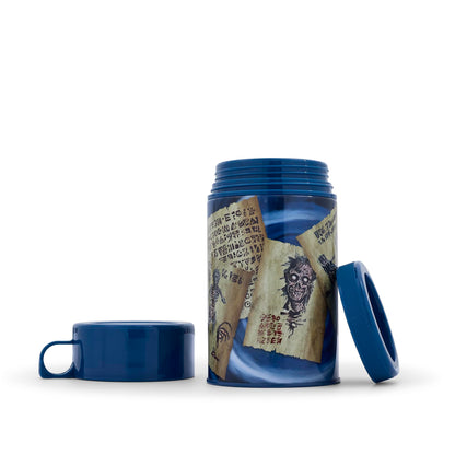 Army of Darkness themed beverage container with lid removed showing interior
