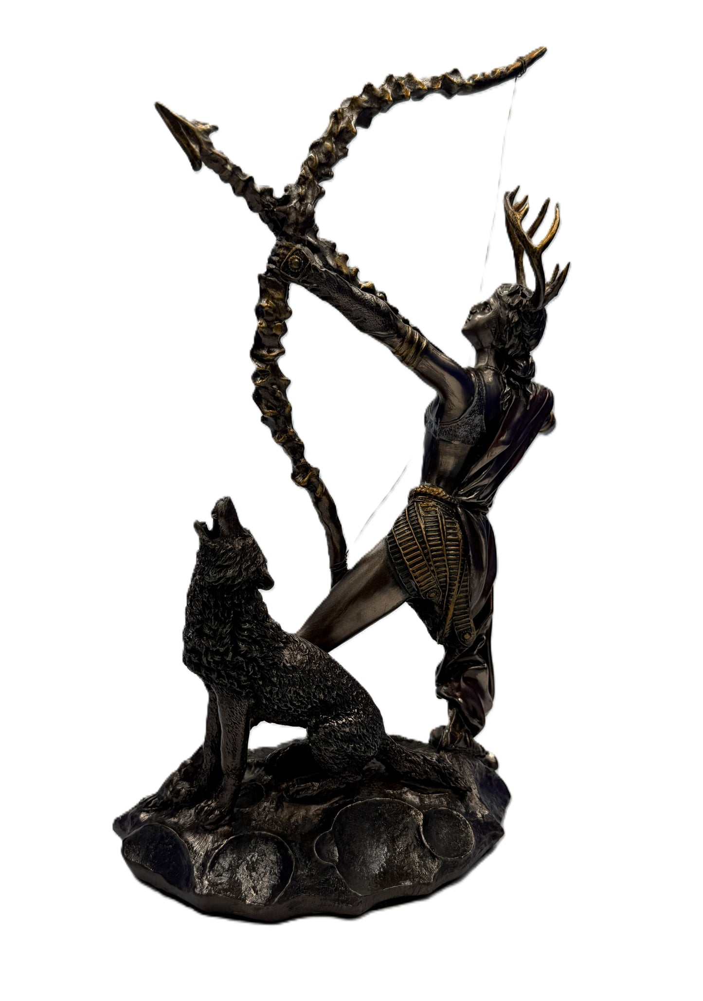 Rear angled view of Artemis statue showing detailed bow, flowing garments, and wolf figure on base
