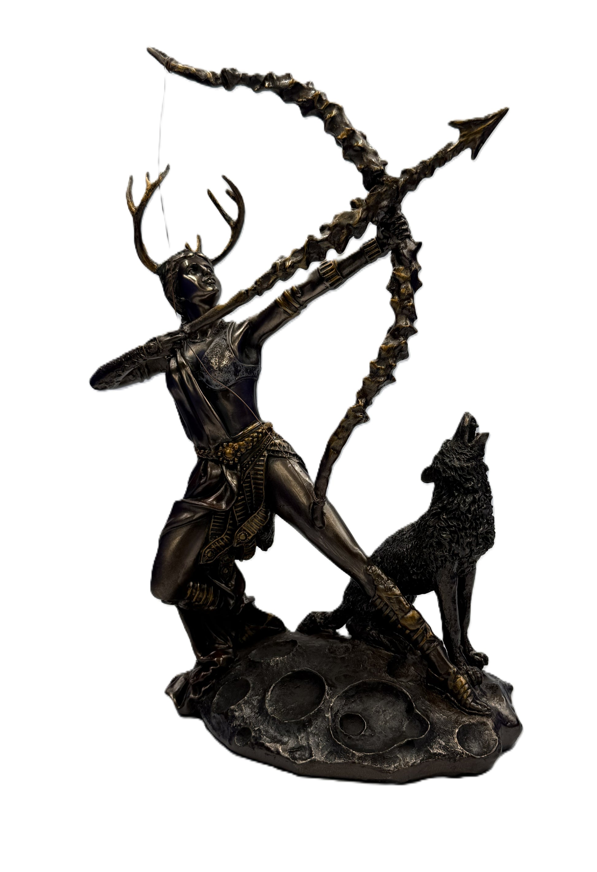 Front view of Artemis Greek goddess statue with bow drawn, antlers, and wolf companion in cold cast bronze finish
