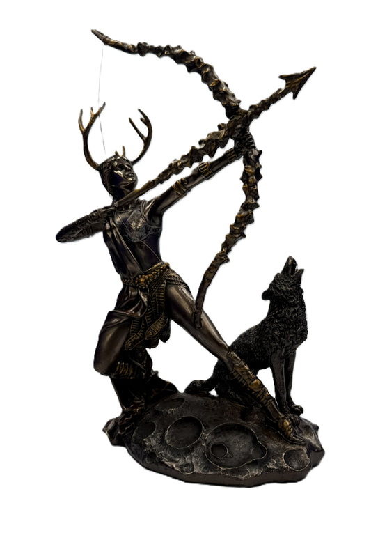 Front view of Artemis Greek goddess statue with bow drawn, antlers, and wolf companion in cold cast bronze finish
