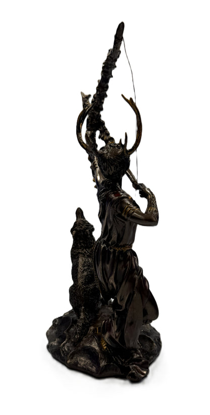 Back view of Artemis sculpture highlighting sculpted hair, antlers, and dynamic hunting pose
