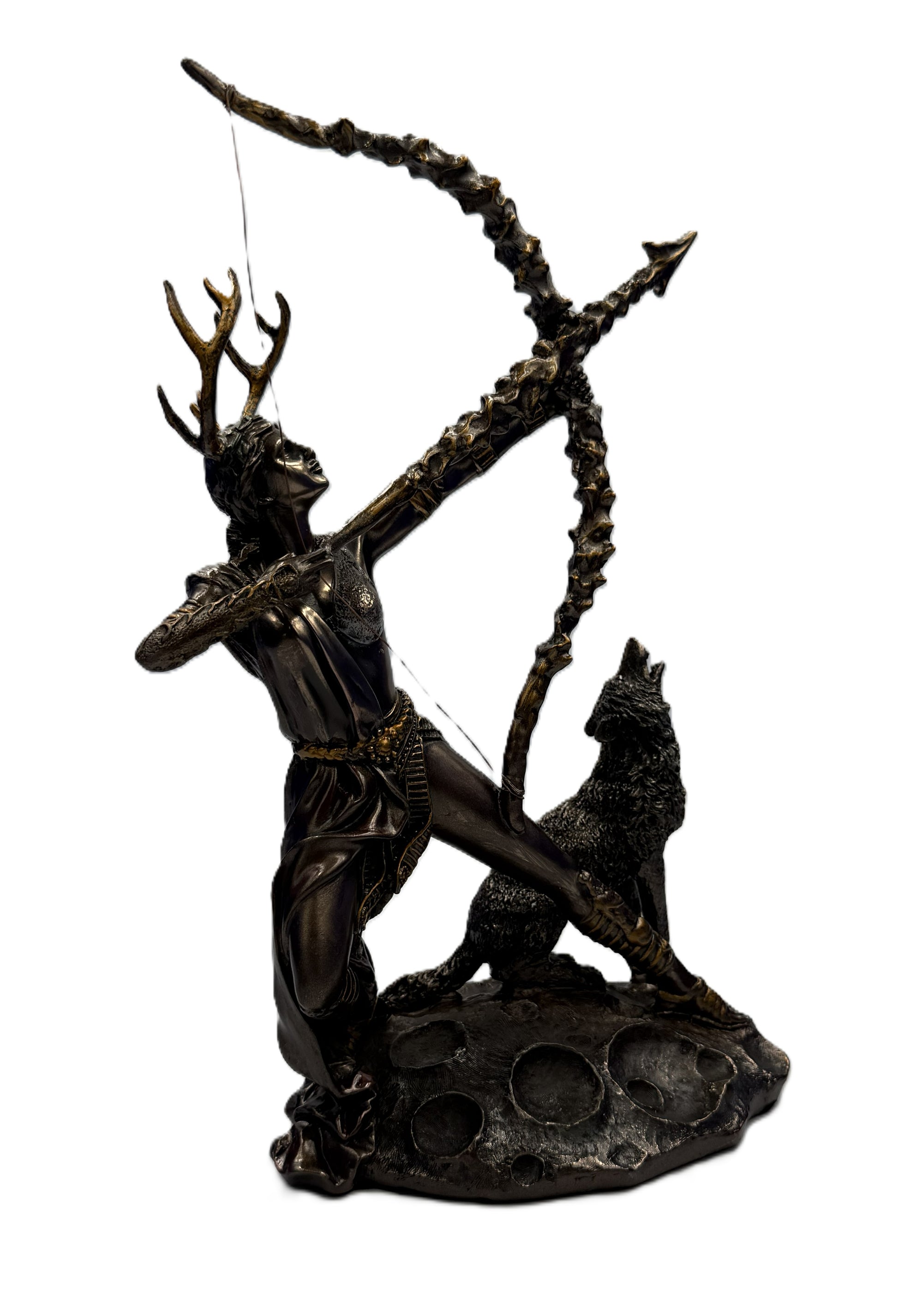 Side front angle of Artemis figurine emphasizing bow detail, stance, and wolf companion
