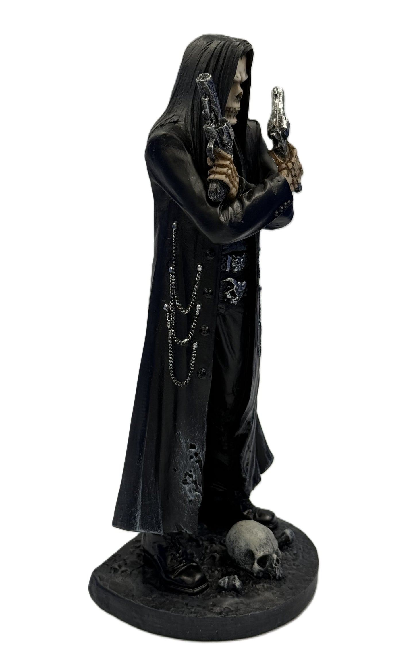 Angled view of assassin reaper figure highlighting skull face pistols and gothic styling

