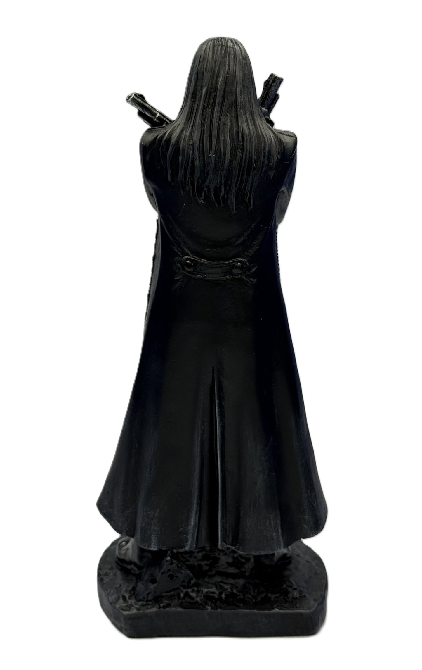 Back view of grim reaper statue with long flowing coat and detailed sculpting
