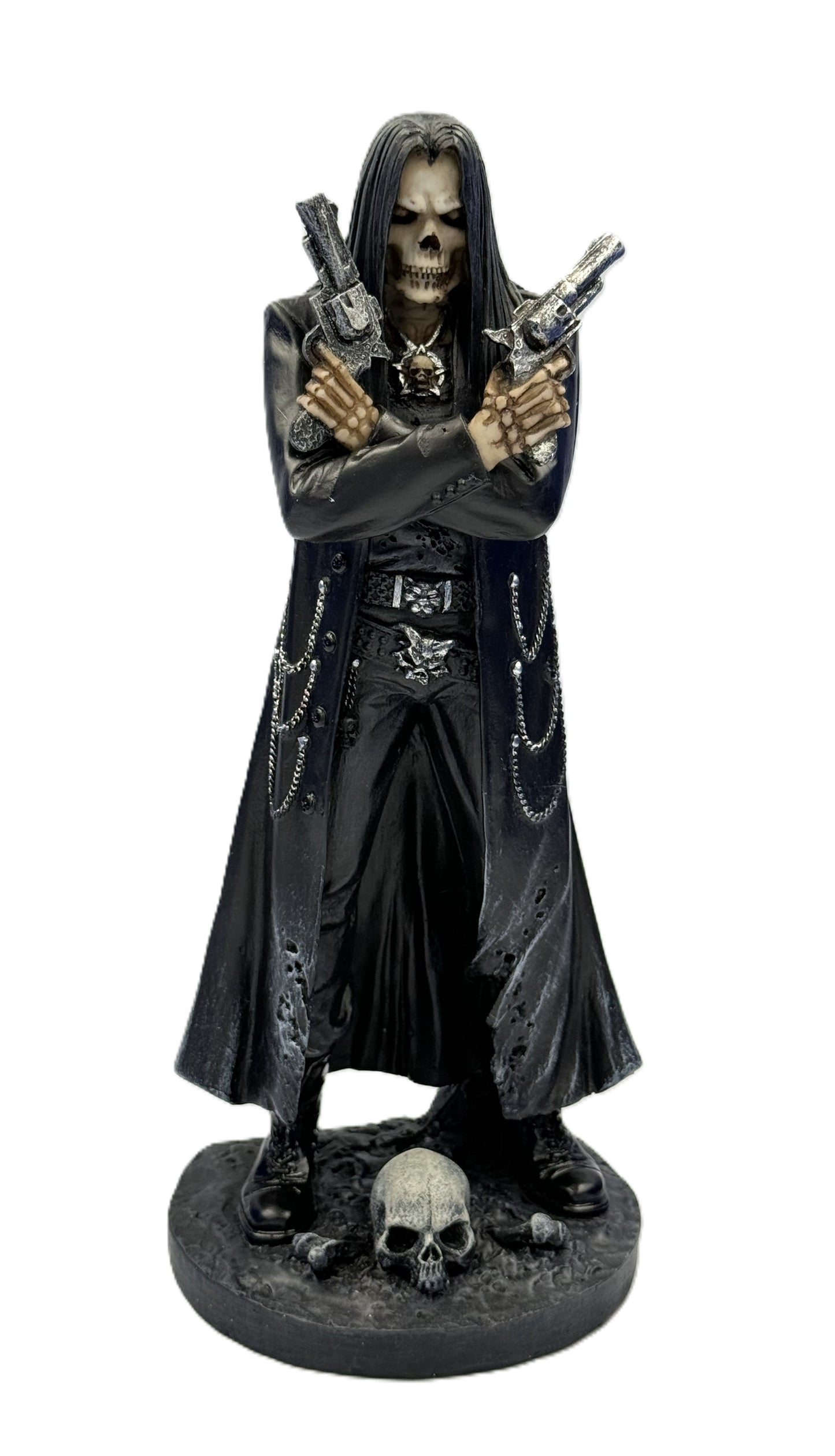 Front view of assassin grim reaper statue holding dual pistols with skull base gothic resin figure
