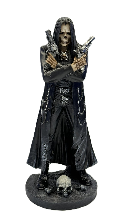 Front view of assassin grim reaper statue holding dual pistols with skull base gothic resin figure
