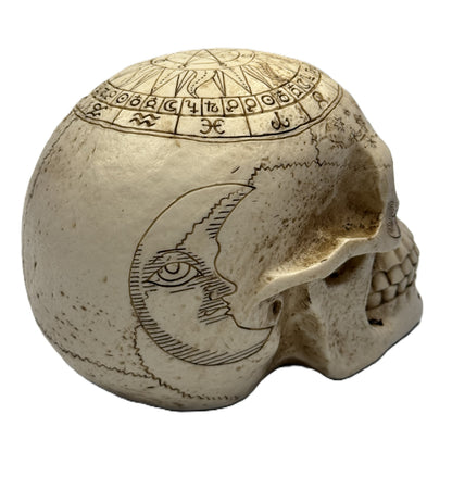 Opposite side view of skull statue featuring crescent moon engraving and celestial themed detailing
