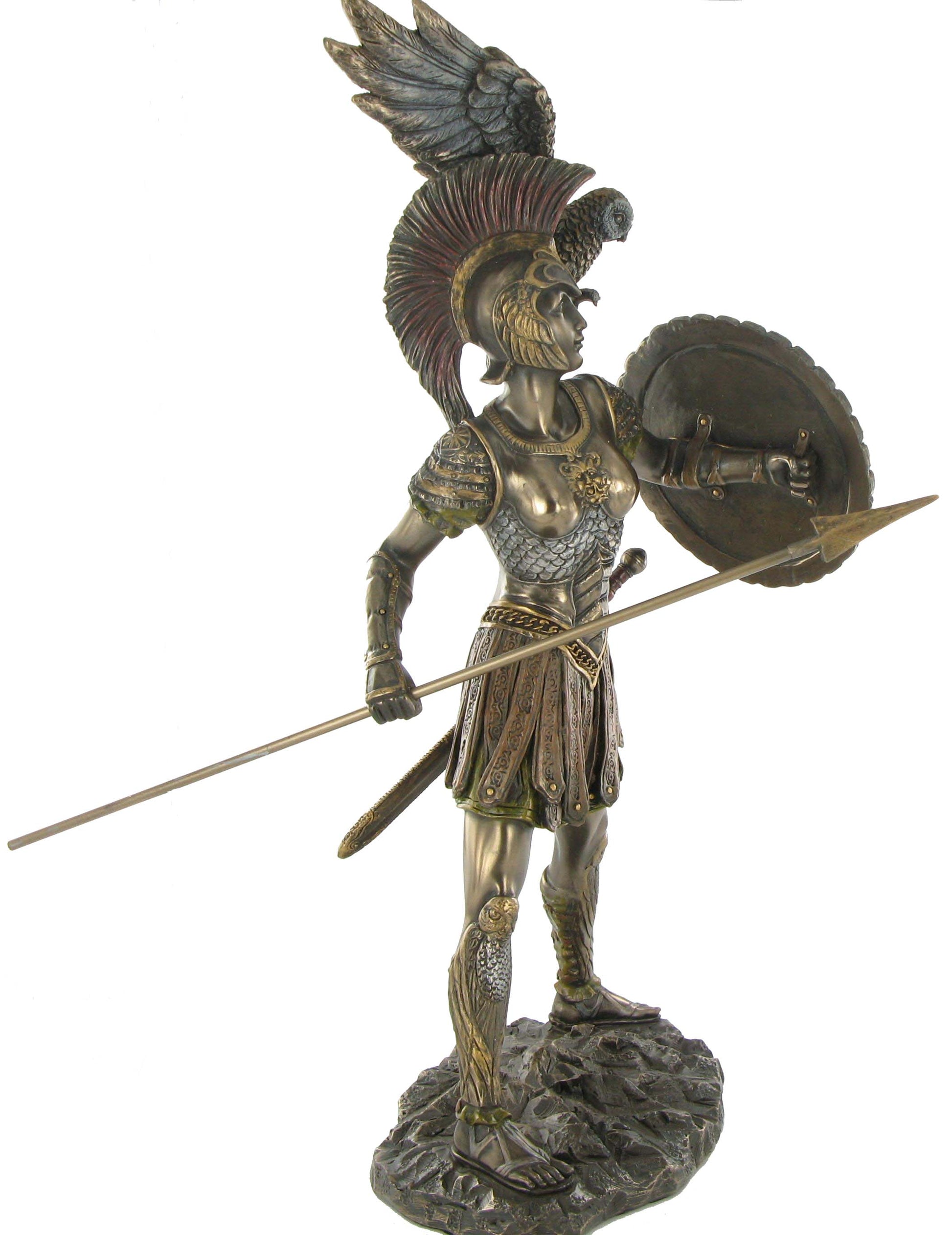 Athena bronze statue side view holding spear with owl and armor detailed Greek mythology collectible