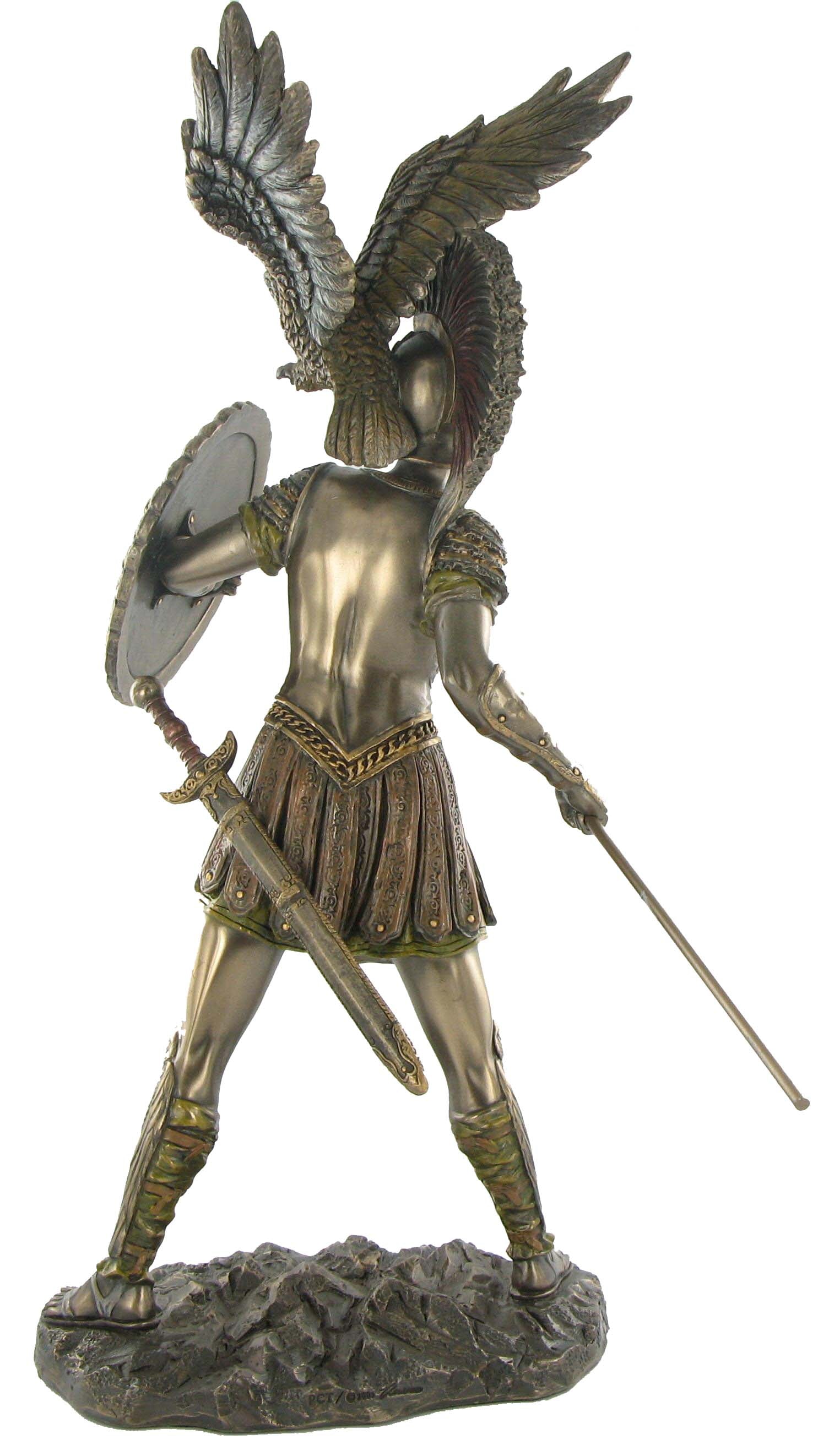 Athena bronze statue back view with owl wings and armor detailed mythology figure