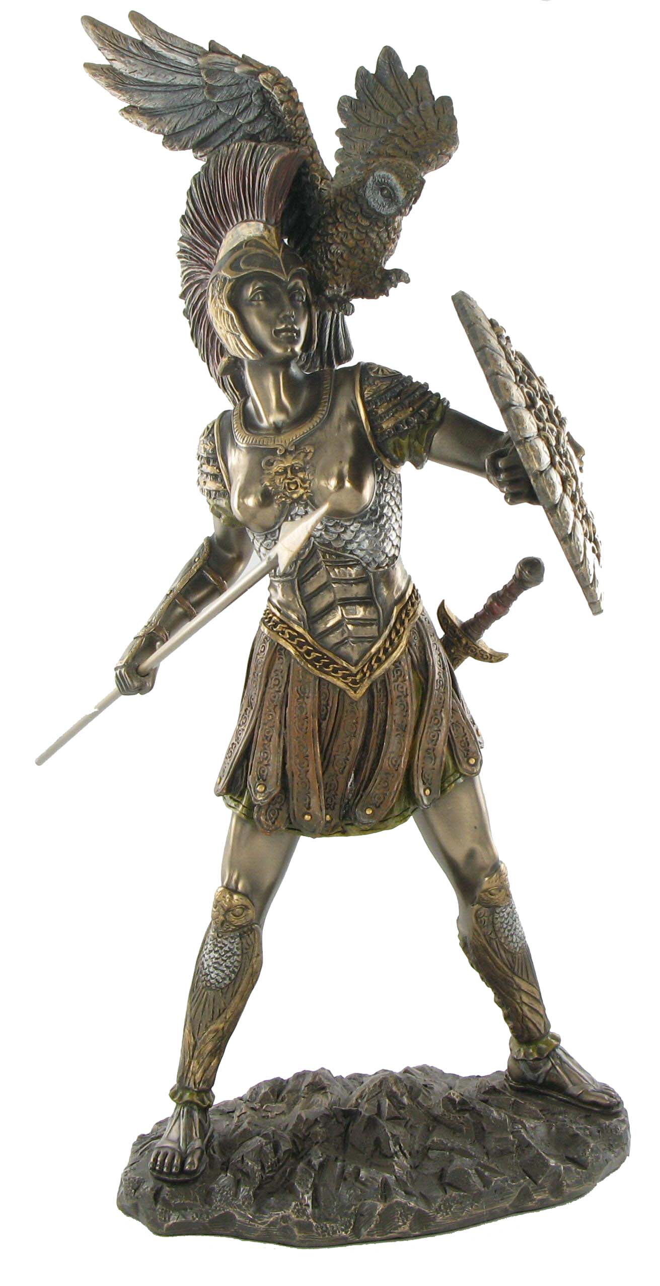 Athena cold cast bronze statue front view with shield spear and owl Greek mythology collectible